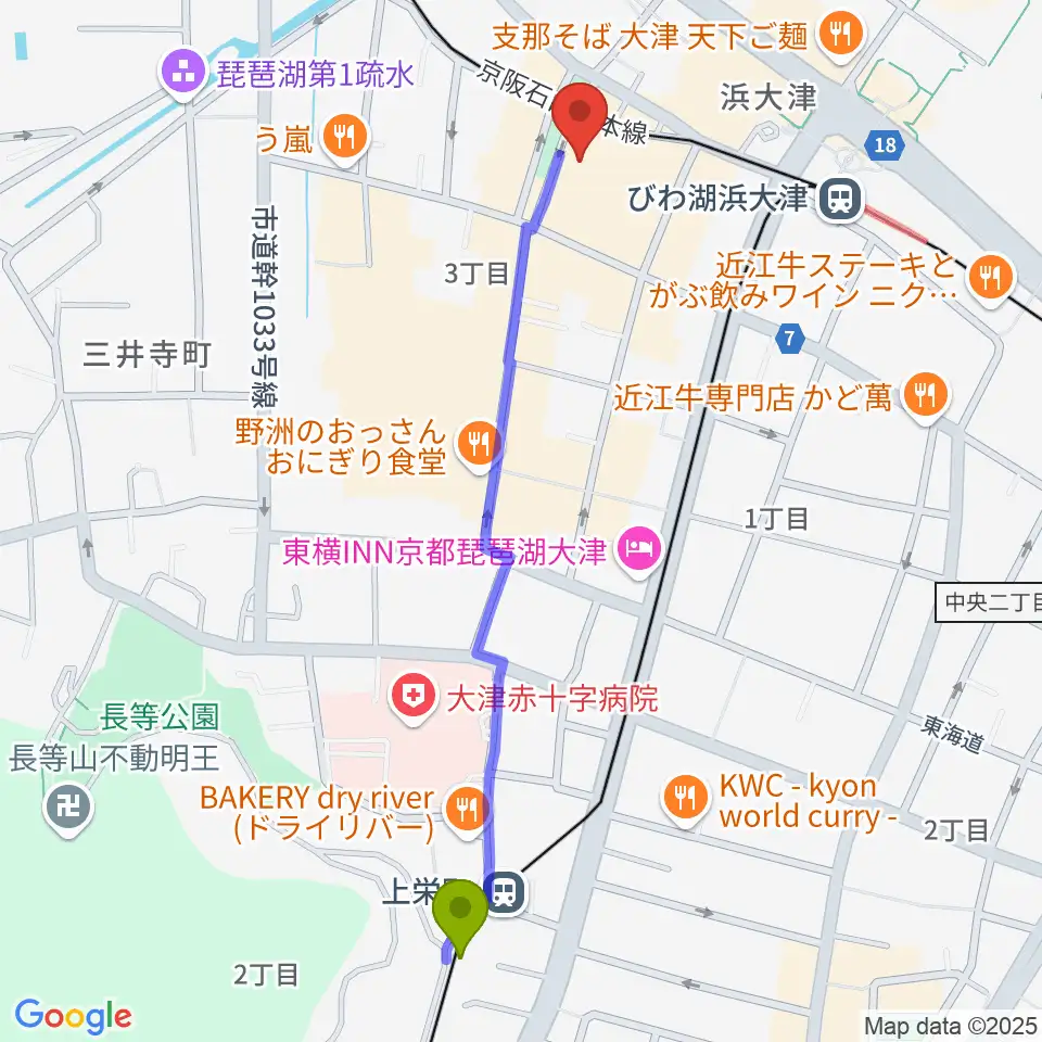 上栄町駅から滋賀B-FLATへのルートマップ地図