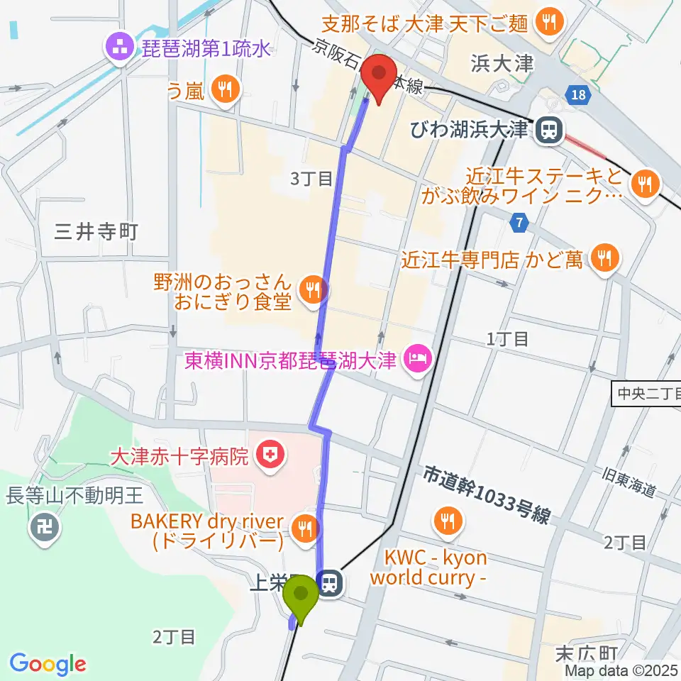 上栄町駅から滋賀B-FLATへのルートマップ地図