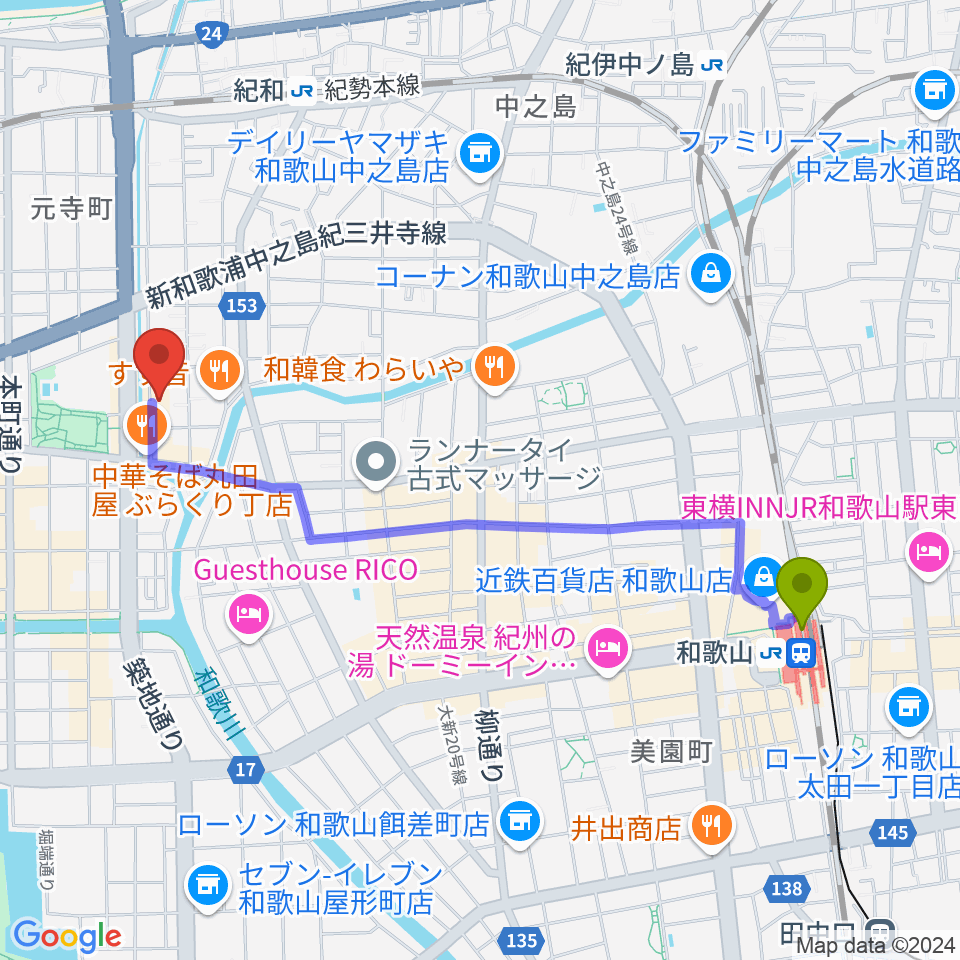 和歌山駅から和歌山CLUB GATEへのルートマップ地図