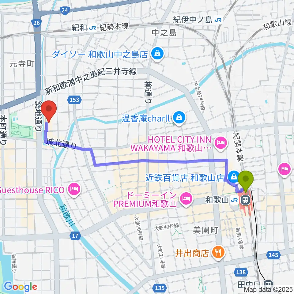 和歌山駅から和歌山CLUB GATEへのルートマップ地図