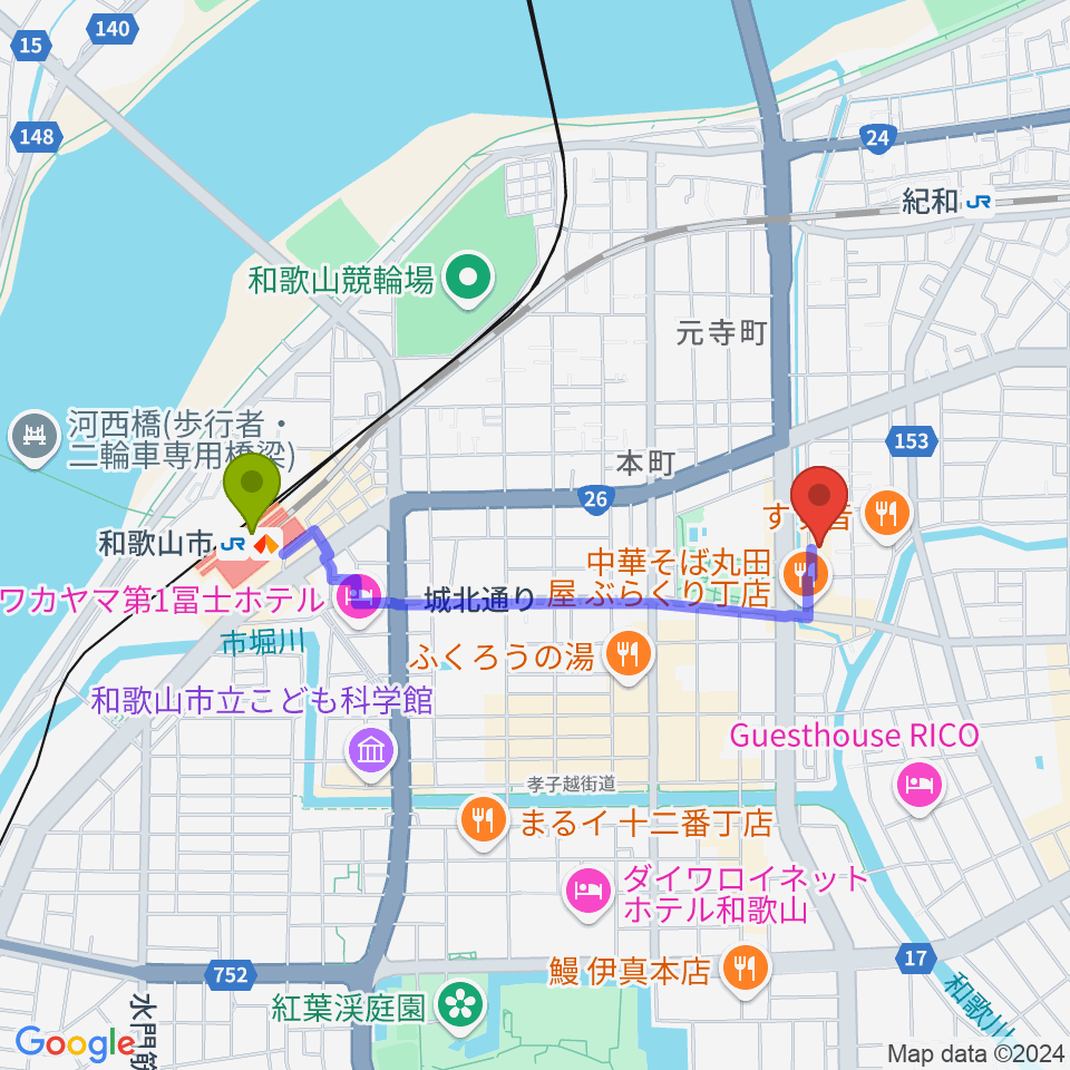 和歌山市駅から和歌山CLUB GATEへのルートマップ地図