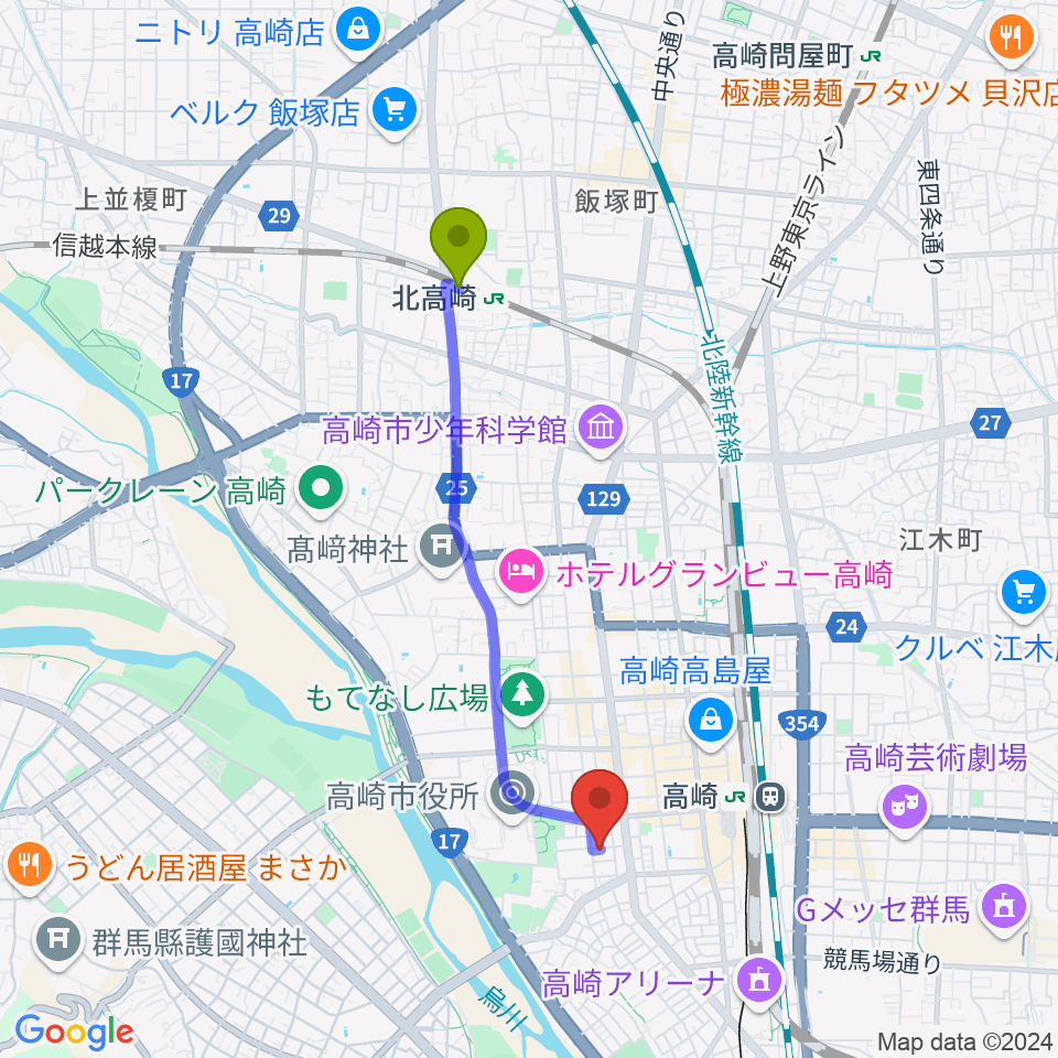 北高崎駅から高崎TRUST55へのルートマップ地図