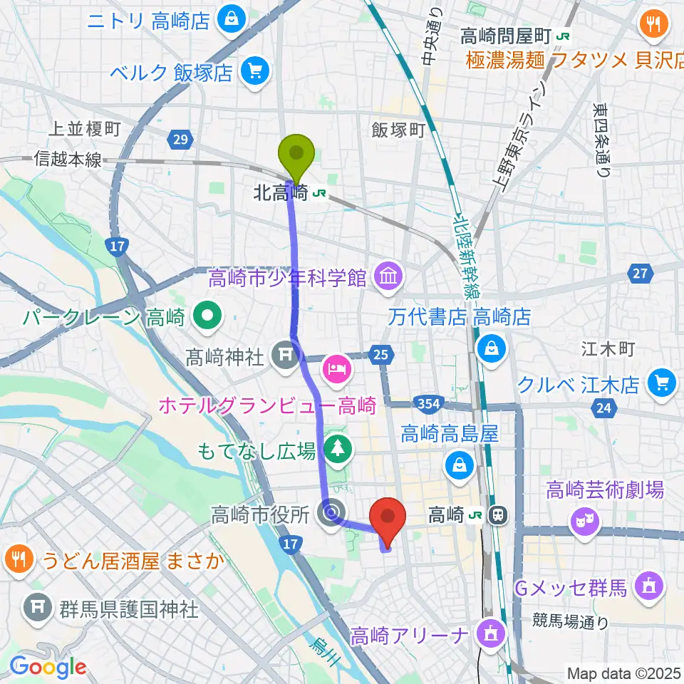 北高崎駅から高崎TRUST55へのルートマップ地図