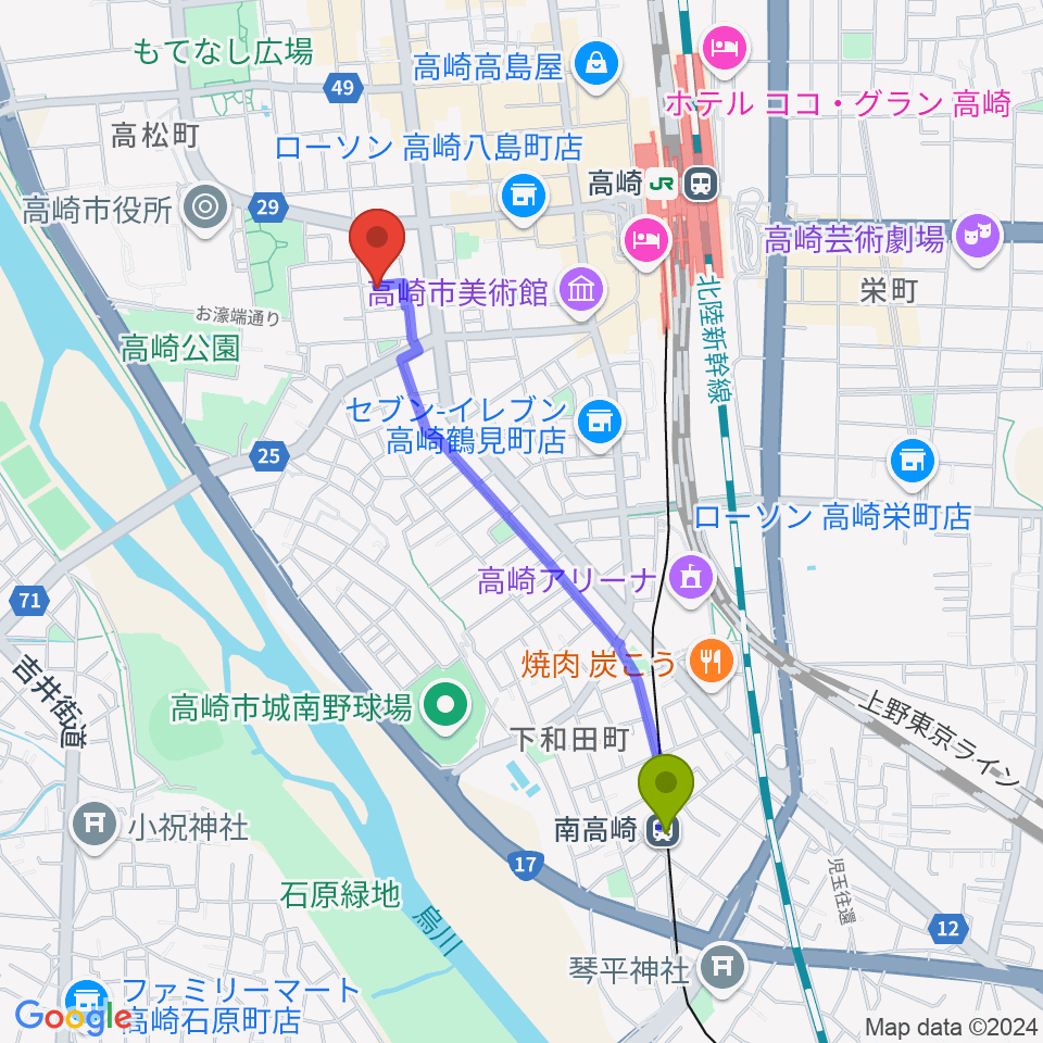 南高崎駅から高崎TRUST55へのルートマップ地図