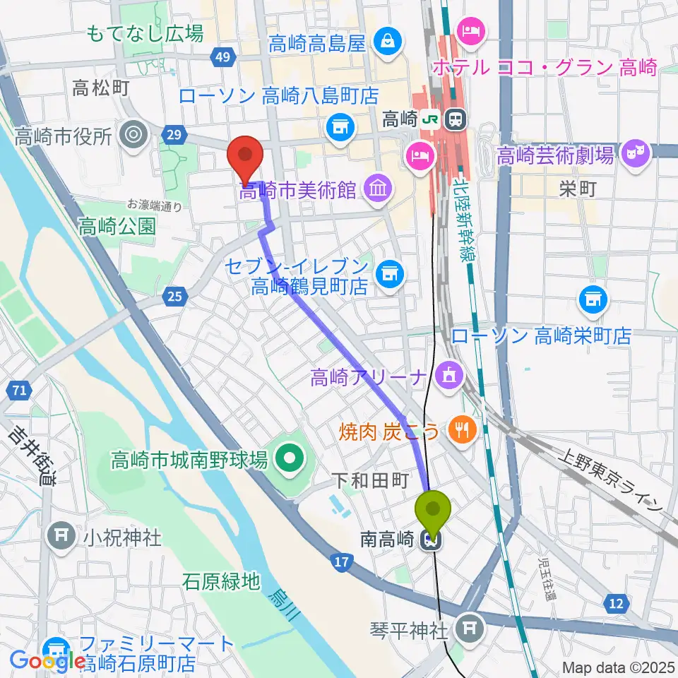 南高崎駅から高崎TRUST55へのルートマップ地図