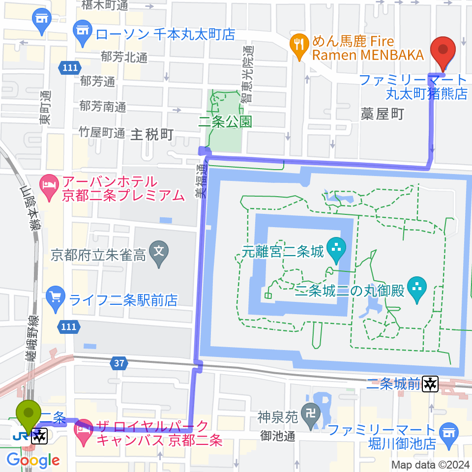 二条駅から京都AFTER BEATへのルートマップ地図