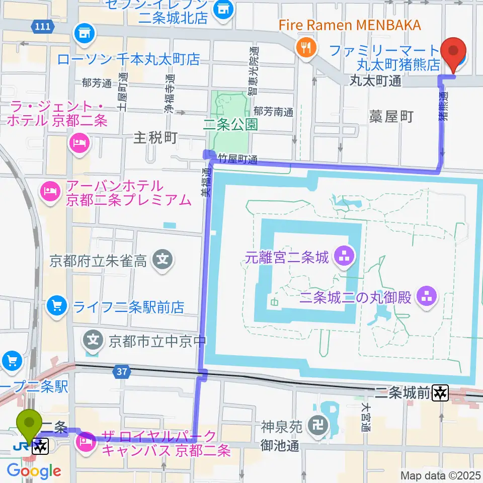 二条駅から京都AFTER BEATへのルートマップ地図