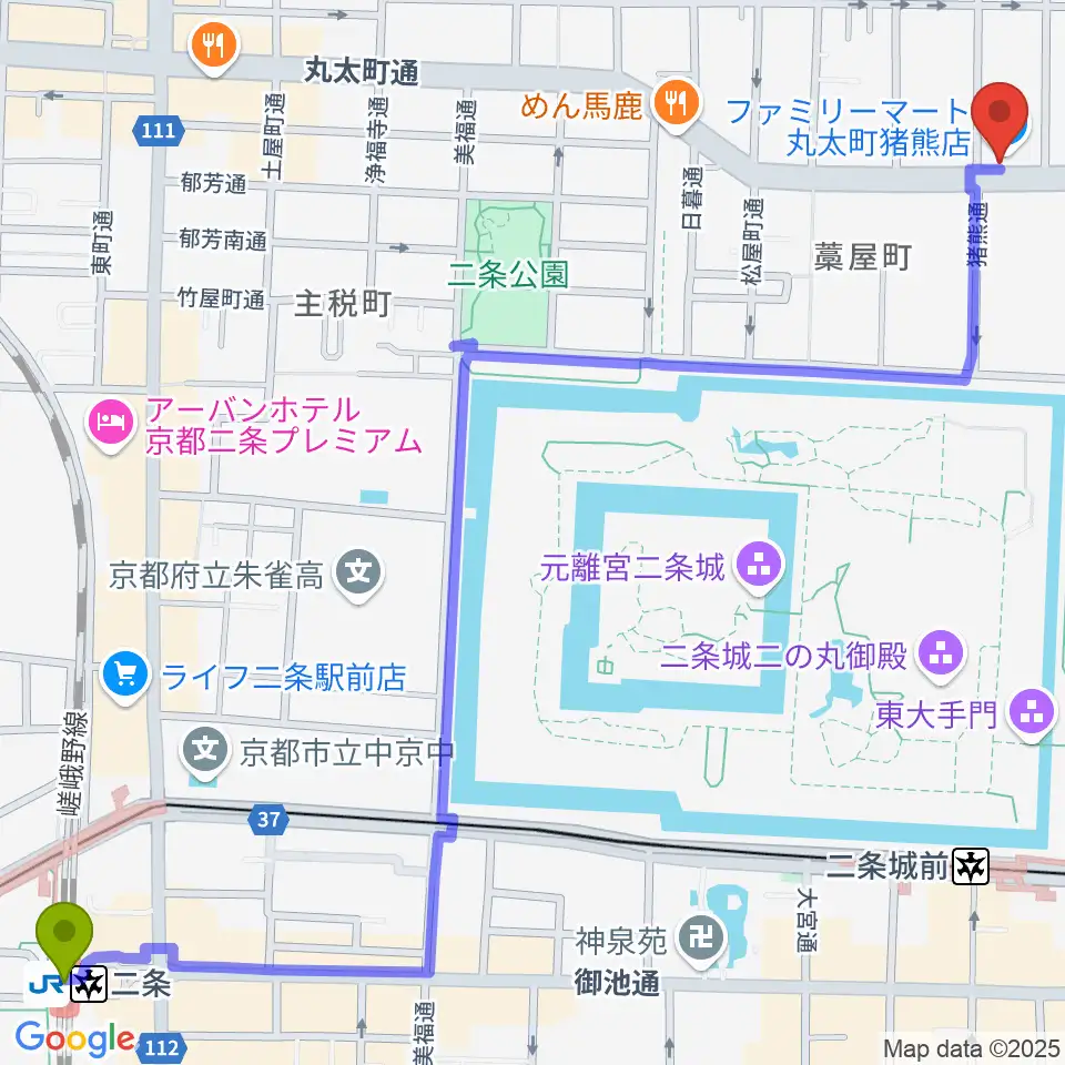 二条駅から京都AFTER BEATへのルートマップ地図