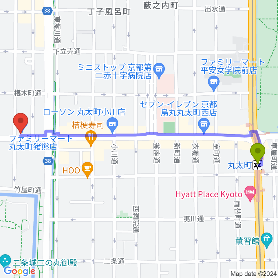 丸太町駅から京都AFTER BEATへのルートマップ地図