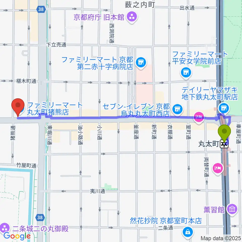 丸太町駅から京都AFTER BEATへのルートマップ地図