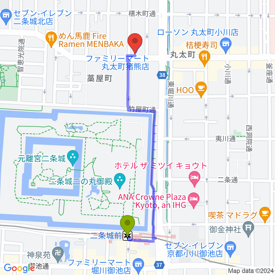 京都AFTER BEATの最寄駅二条城前駅からの徒歩ルート（約10分）地図