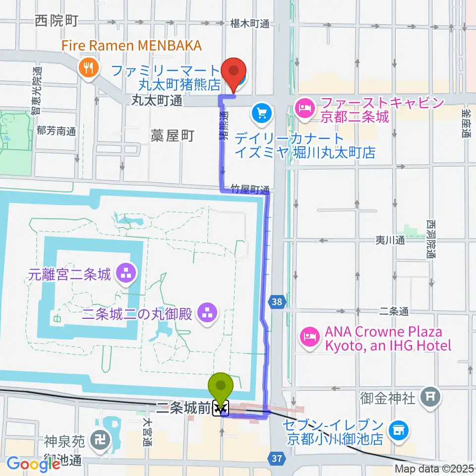 京都AFTER BEATの最寄駅二条城前駅からの徒歩ルート（約10分）地図