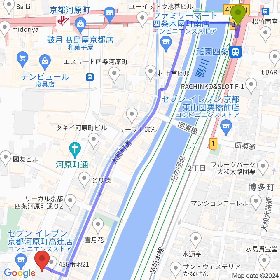 祇園四条駅から京都アークデュウへのルートマップ地図