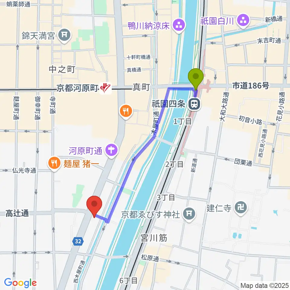 祇園四条駅から京都アークデュウへのルートマップ地図