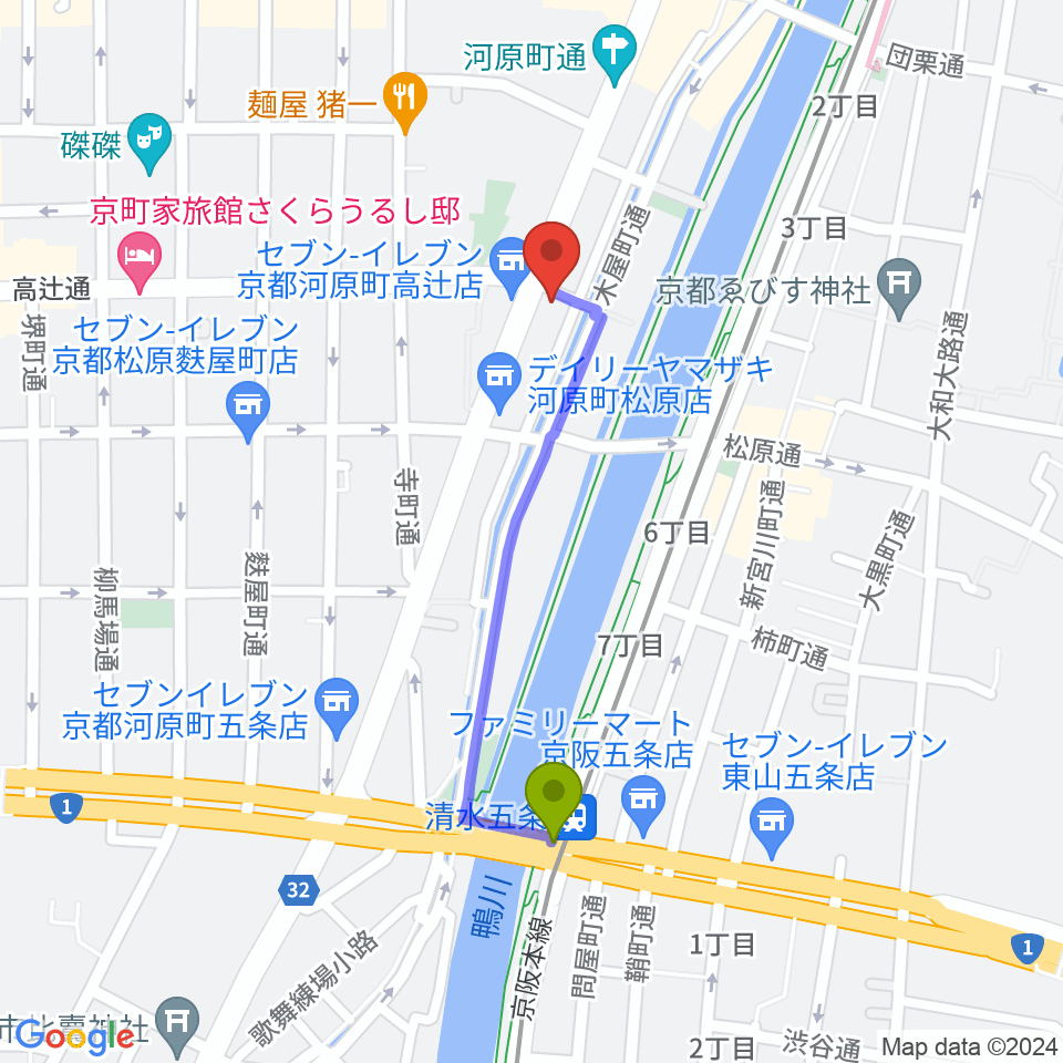 京都アークデュウの最寄駅清水五条駅からの徒歩ルート（約8分）地図