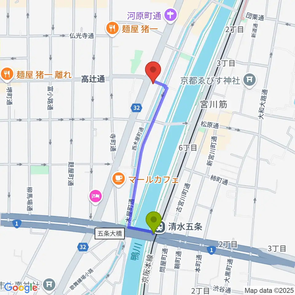 京都アークデュウの最寄駅清水五条駅からの徒歩ルート（約8分）地図