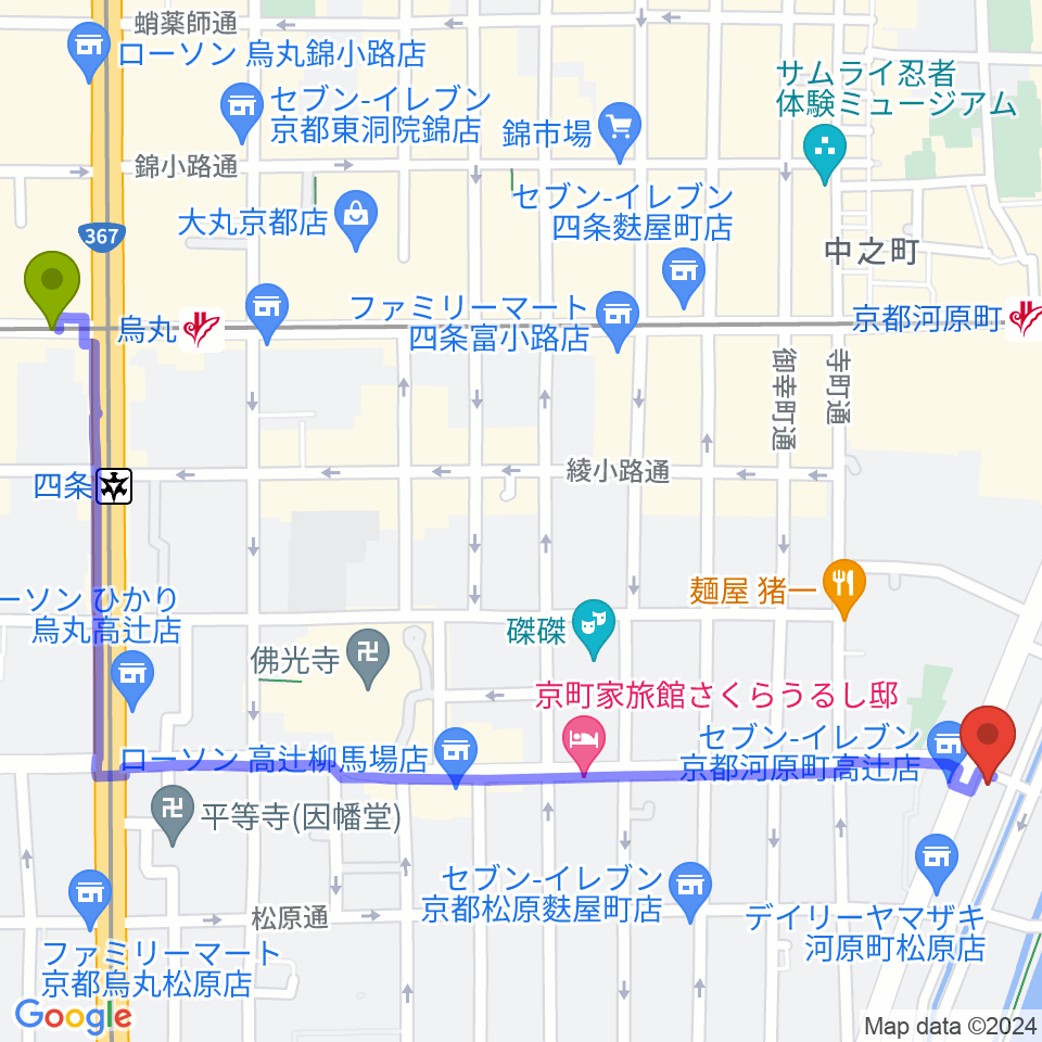 烏丸駅から京都アークデュウへのルートマップ地図