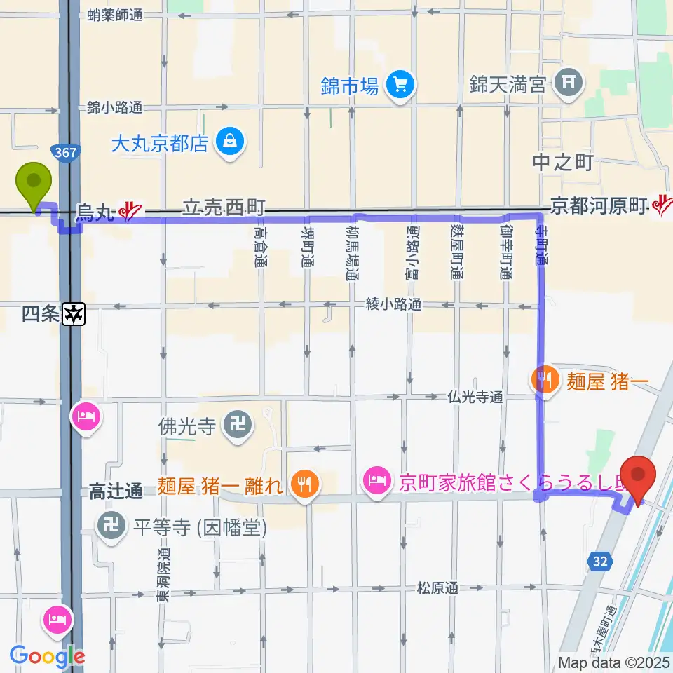 烏丸駅から京都アークデュウへのルートマップ地図