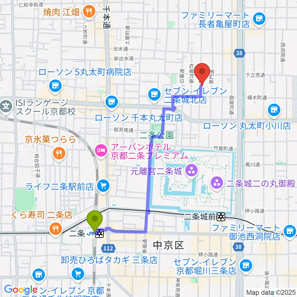 二条駅から拾得へのルートマップ地図