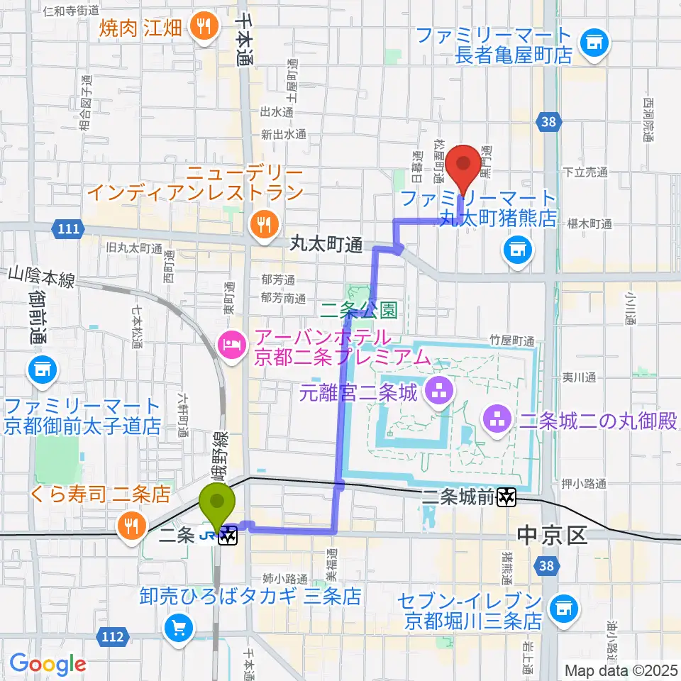 二条駅から拾得へのルートマップ地図