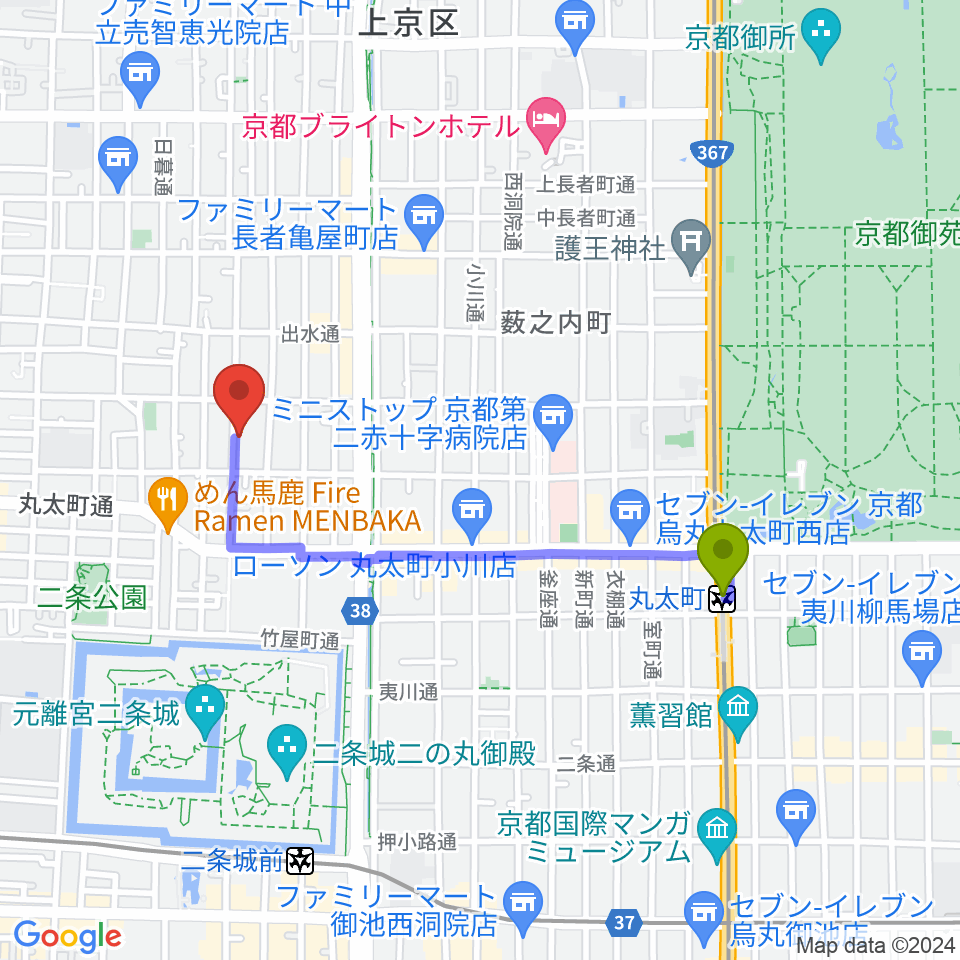 丸太町駅から拾得へのルートマップ地図