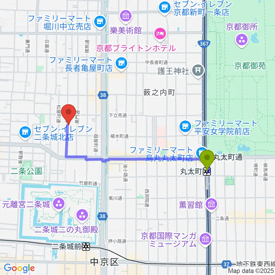 丸太町駅から拾得へのルートマップ地図