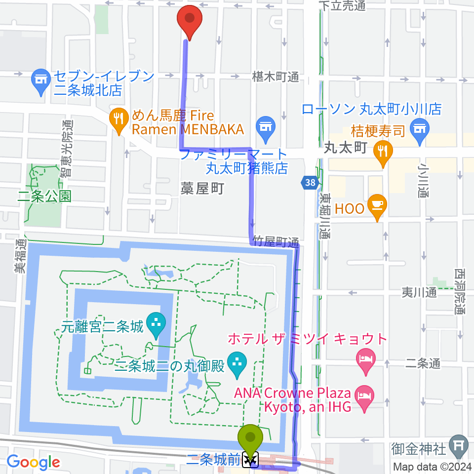 拾得の最寄駅二条城前駅からの徒歩ルート（約14分）地図