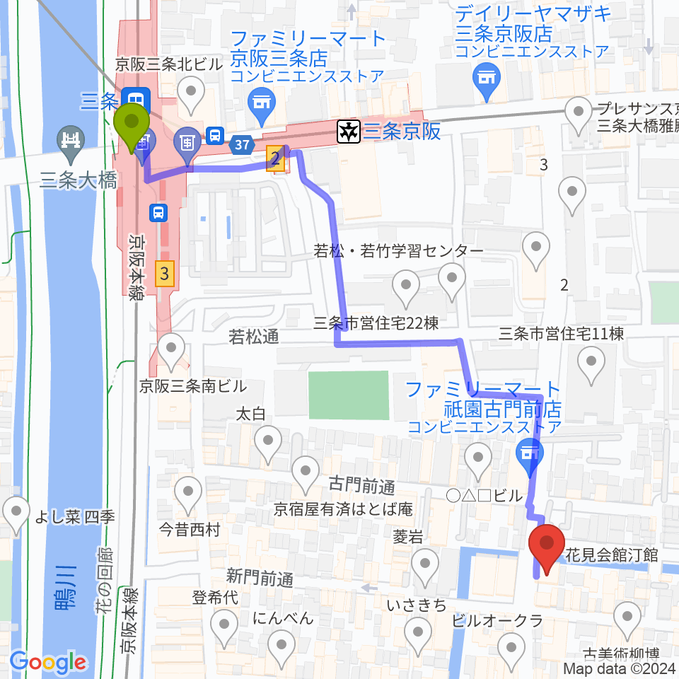 JAZZ LIVE CANDYの最寄駅三条駅からの徒歩ルート（約7分）地図