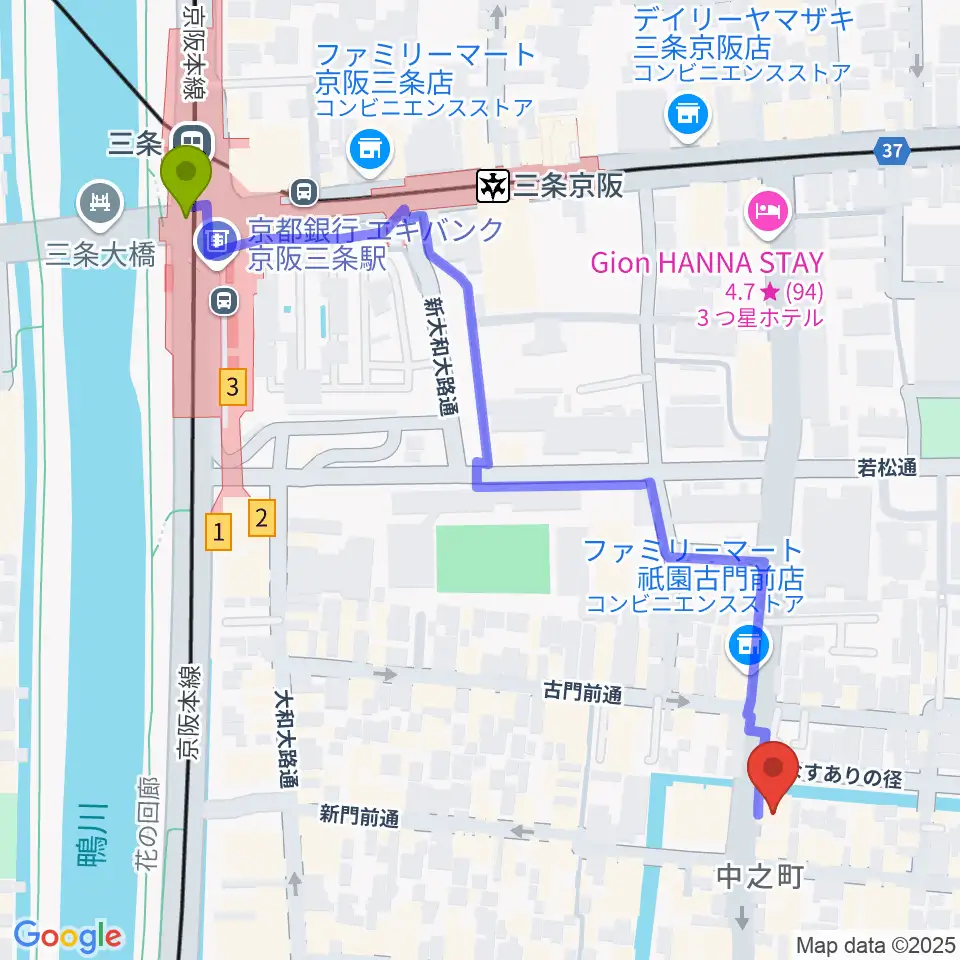 JAZZ LIVE CANDYの最寄駅三条駅からの徒歩ルート（約7分）地図