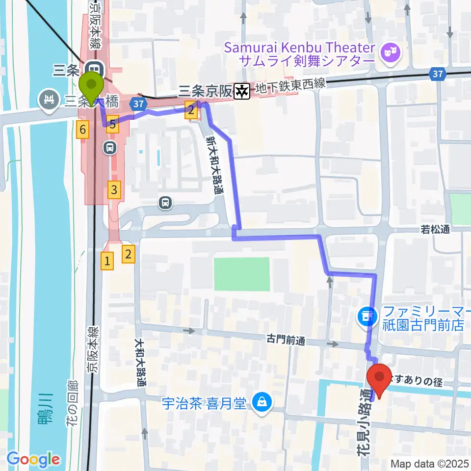 JAZZ LIVE CANDYの最寄駅三条駅からの徒歩ルート（約7分）地図