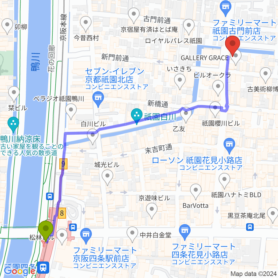 祇園四条駅からJAZZ LIVE CANDYへのルートマップ地図