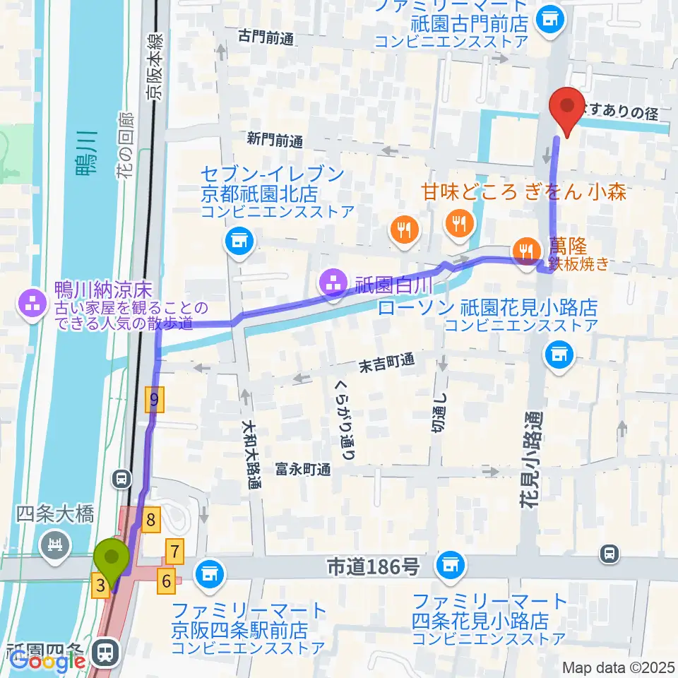 祇園四条駅からJAZZ LIVE CANDYへのルートマップ地図