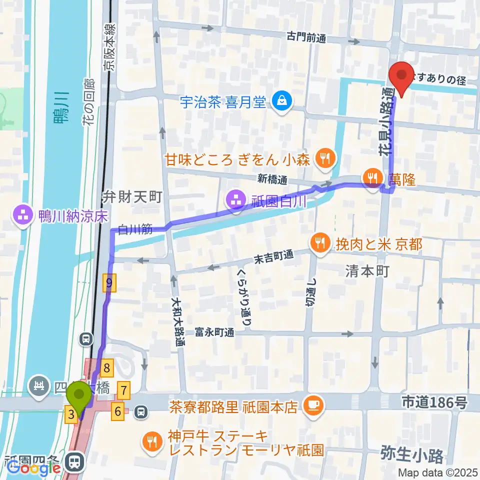 祇園四条駅からJAZZ LIVE CANDYへのルートマップ地図