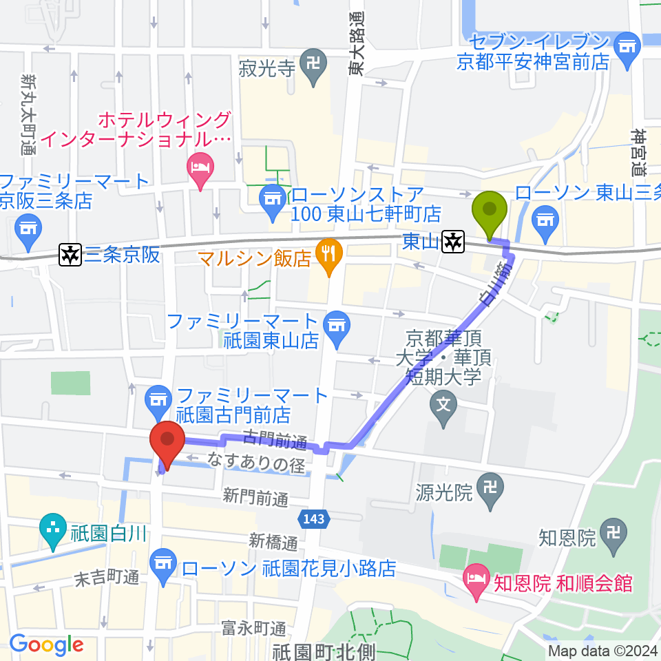 東山駅からJAZZ LIVE CANDYへのルートマップ地図