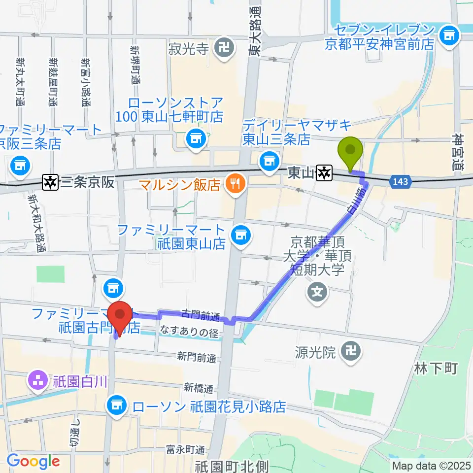 東山駅からJAZZ LIVE CANDYへのルートマップ地図