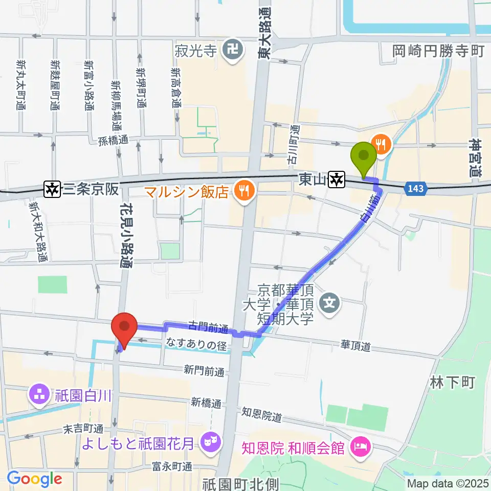 東山駅からJAZZ LIVE CANDYへのルートマップ地図