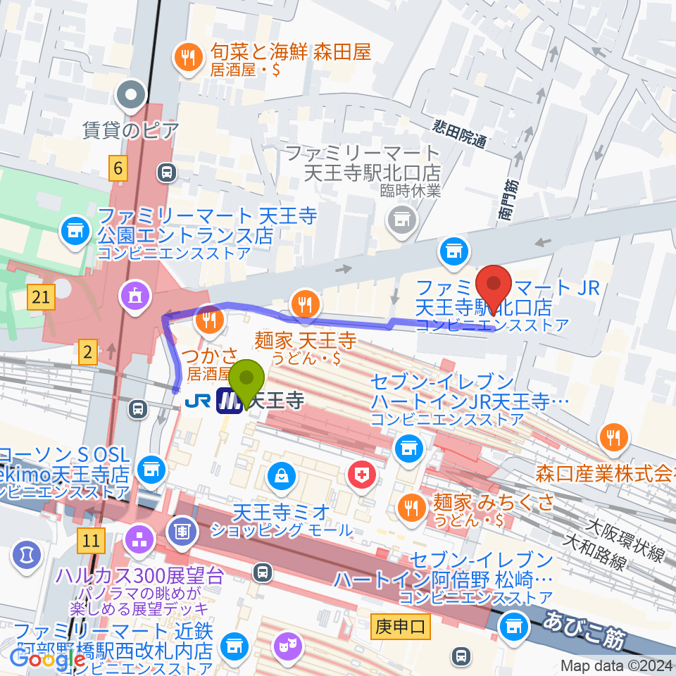 ワンリバーギター＆ボーカルスクールの最寄駅天王寺駅からの徒歩ルート（約3分）地図