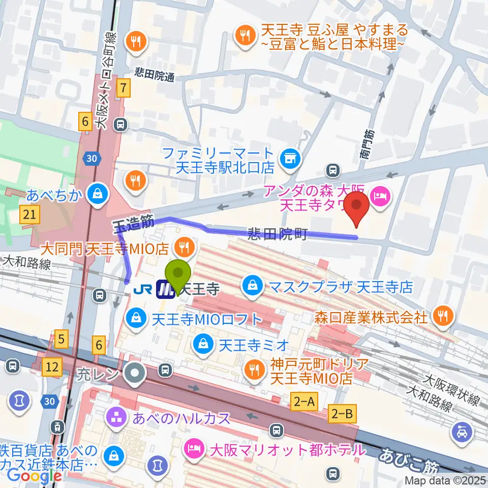 ワンリバーギター＆ボーカルスクールの最寄駅天王寺駅からの徒歩ルート（約3分）地図