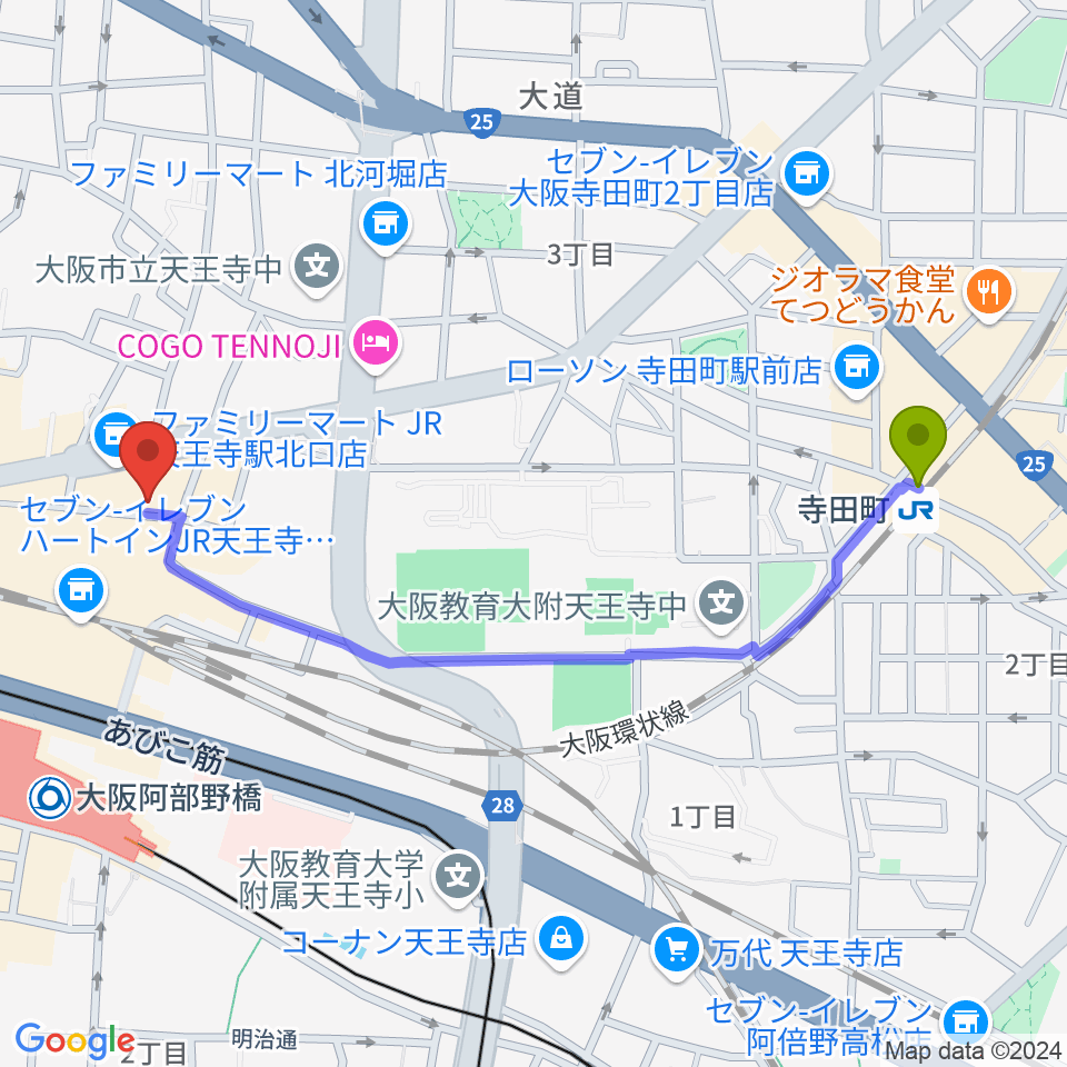 寺田町駅からワンリバーギター＆ボーカルスクールへのルートマップ地図