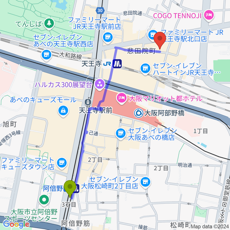 阿倍野駅からワンリバーギター＆ボーカルスクールへのルートマップ地図