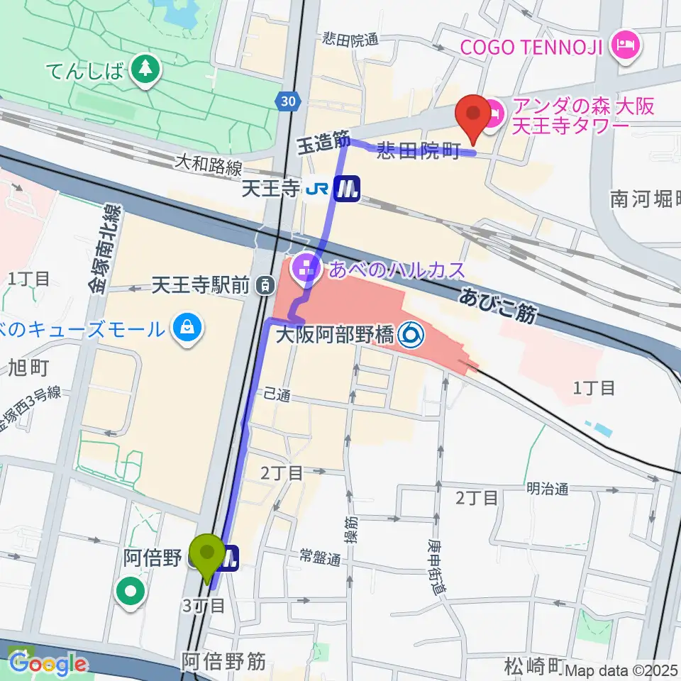 阿倍野駅からワンリバーギター＆ボーカルスクールへのルートマップ地図