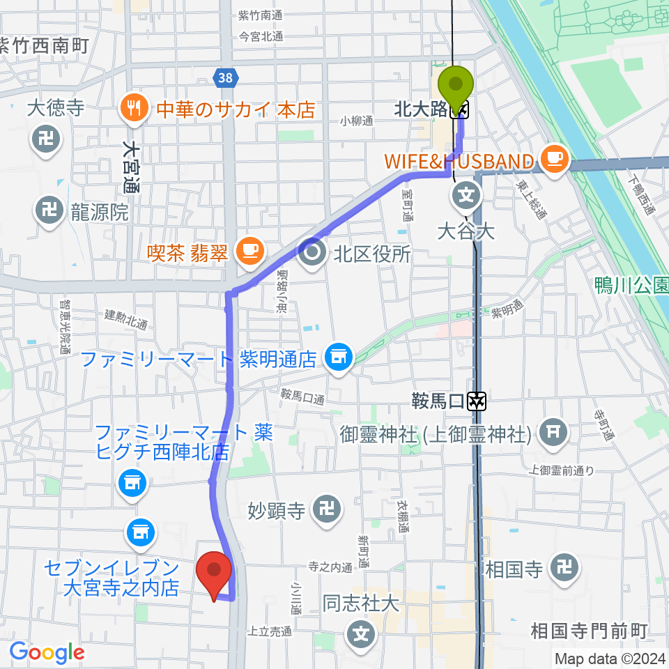 北大路駅から京都ヴィンセントへのルートマップ地図