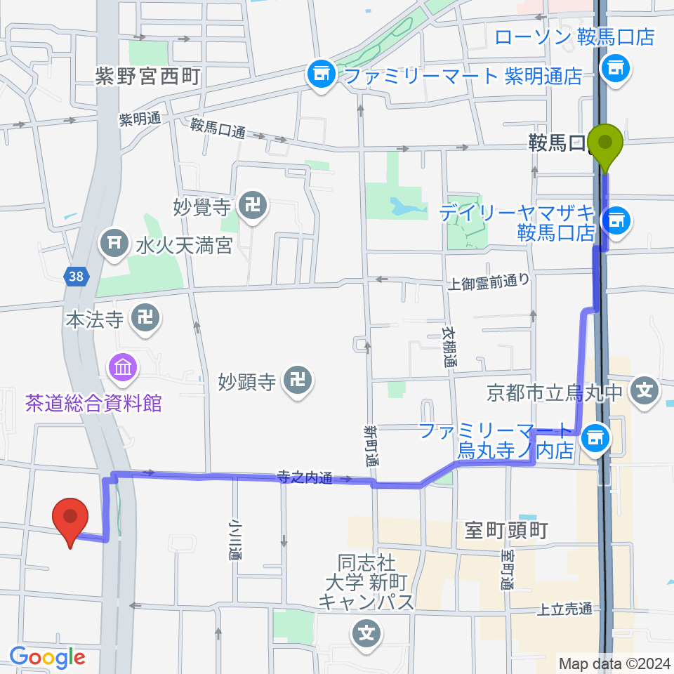 鞍馬口駅から京都ヴィンセントへのルートマップ地図