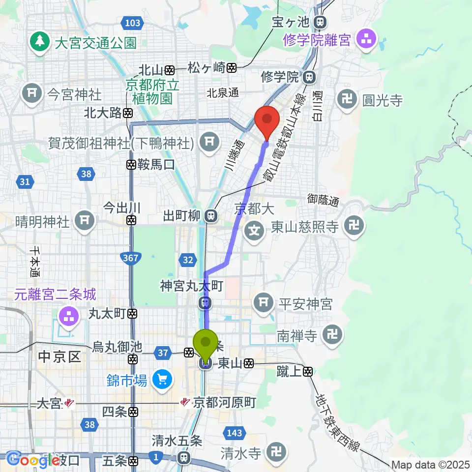 三条駅からわからん屋IIへのルートマップ地図
