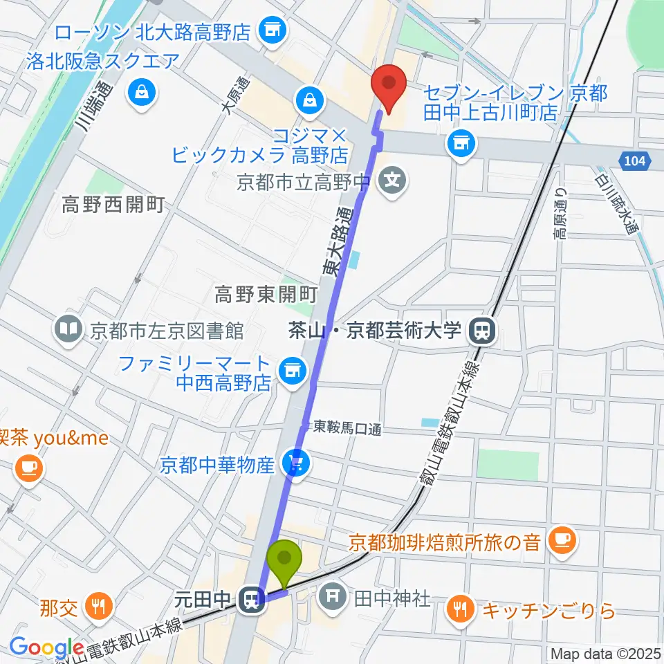 元田中駅からわからん屋IIへのルートマップ地図