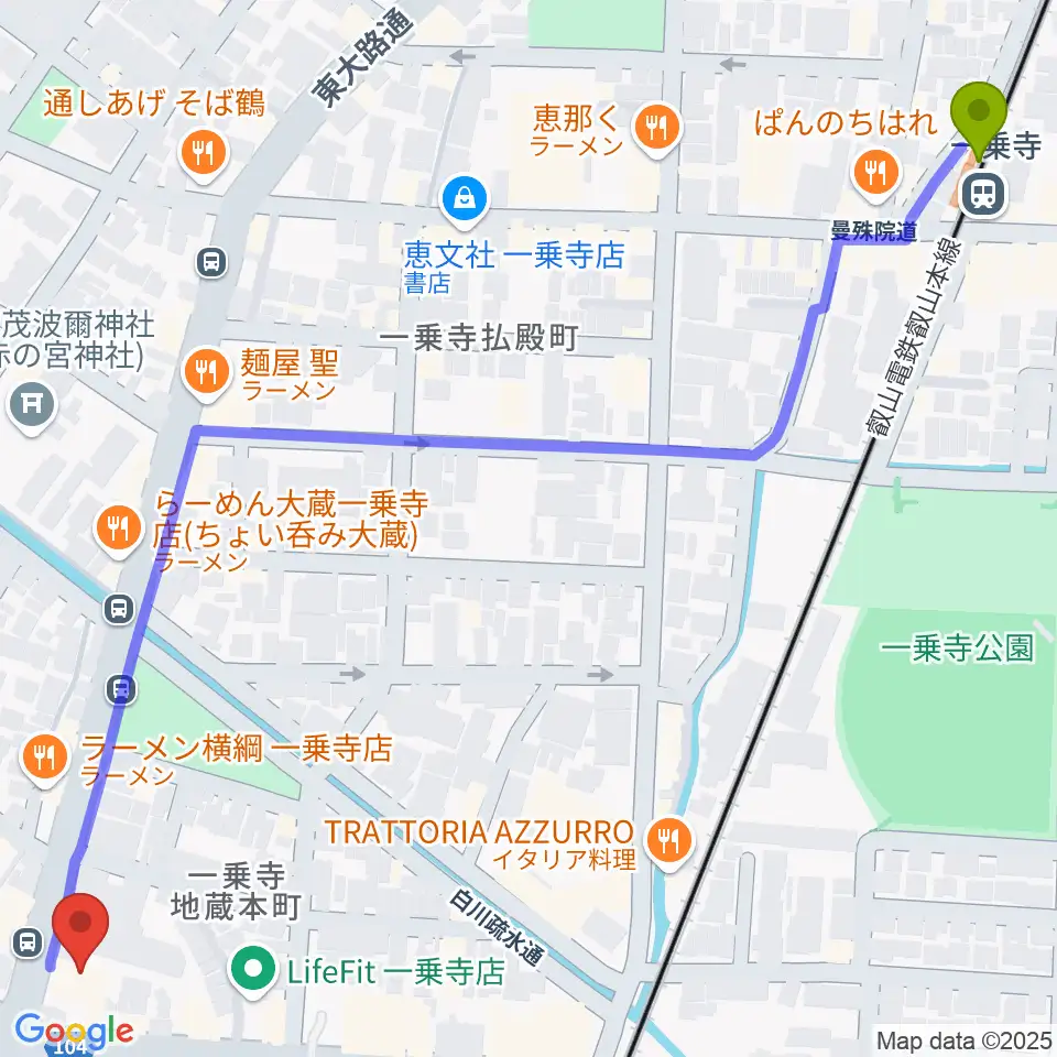 一乗寺駅からわからん屋IIへのルートマップ地図