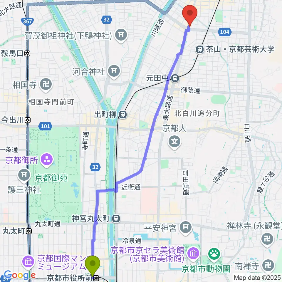 京都市役所前駅からわからん屋IIへのルートマップ地図