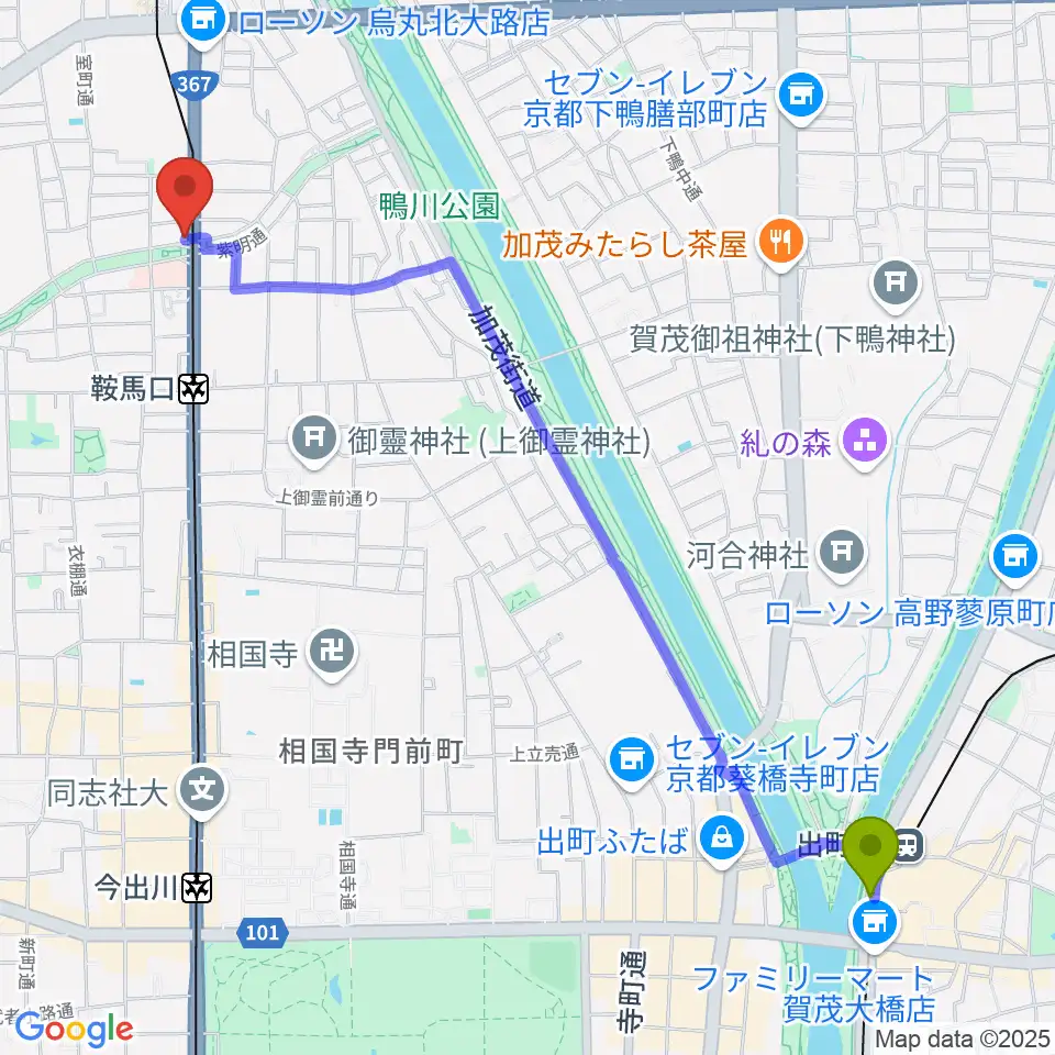 出町柳駅から京都ケニーズへのルートマップ地図