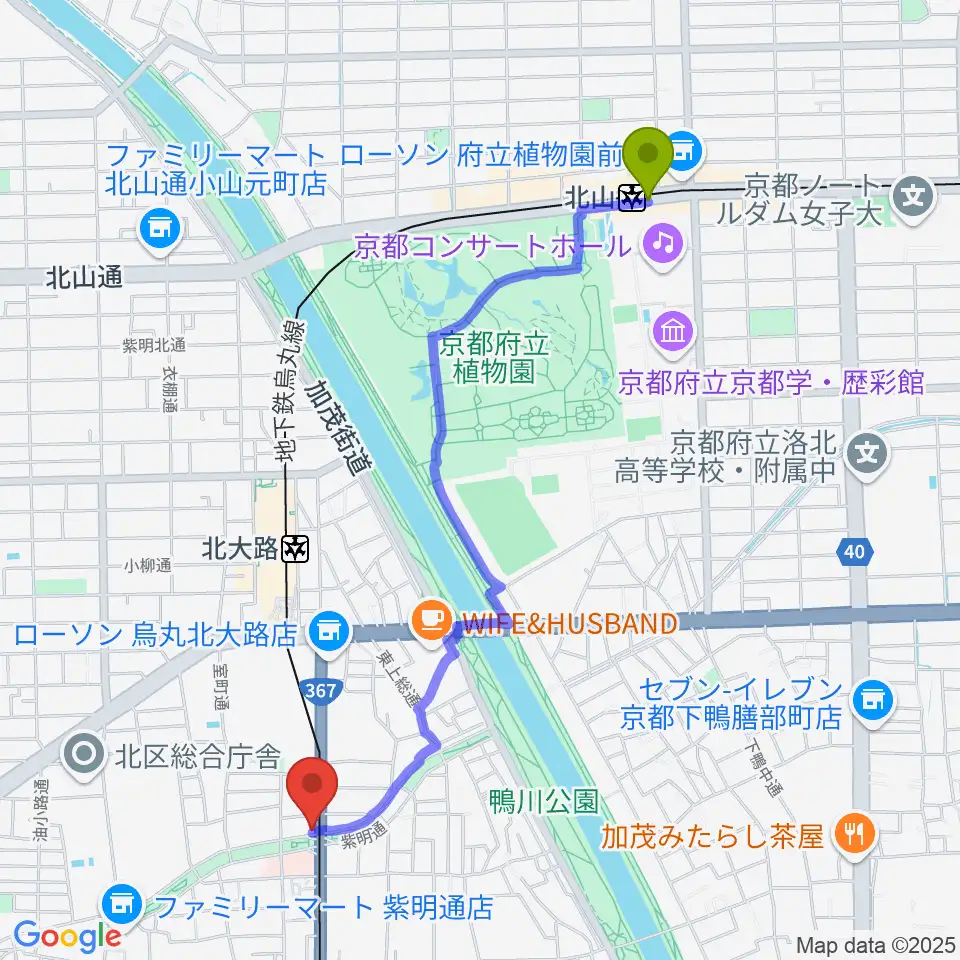 北山駅から京都ケニーズへのルートマップ地図