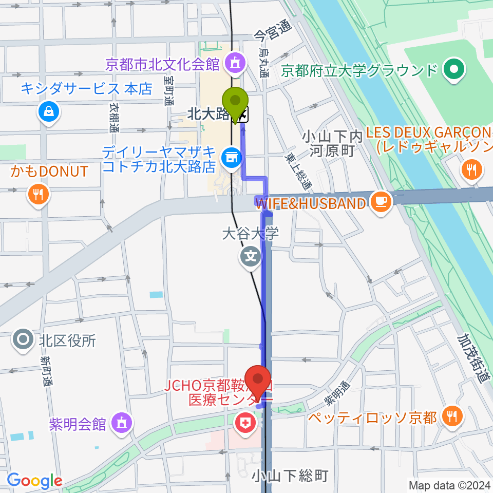 北大路駅から京都ケニーズへのルートマップ地図